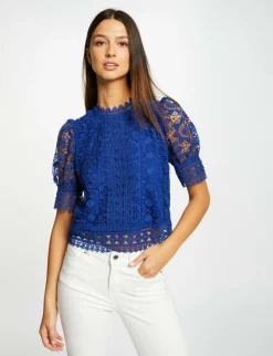 Chemises Et Blouses>Morgan Blouse Manches Courtes En Dentelle Bleu Electrique Femme | Bleu_Electrique