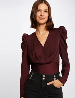 Chemises Et Blouses>Morgan Blouse Manches Longues Col Cache-Coeur Femme | Prune