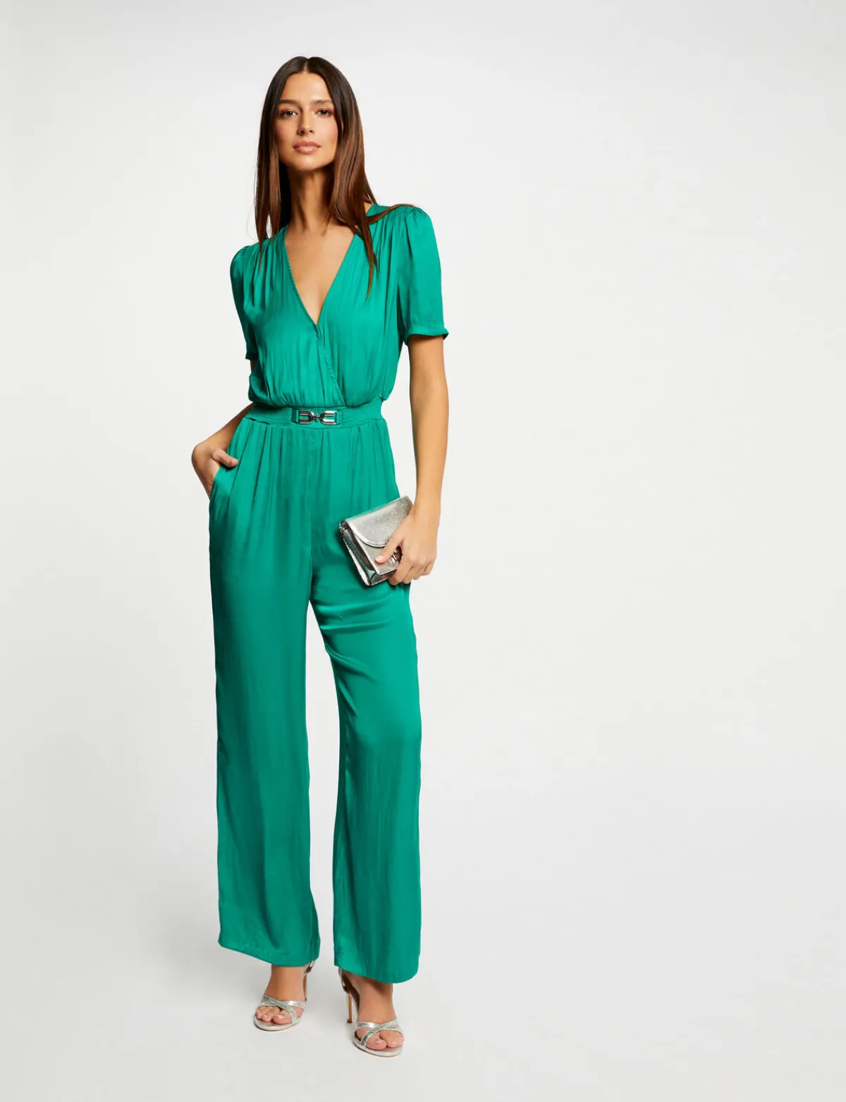 Combinaisons>Morgan Combinaison Droite Fluide Satin Vert Moyen Femme | Vert_Moyen