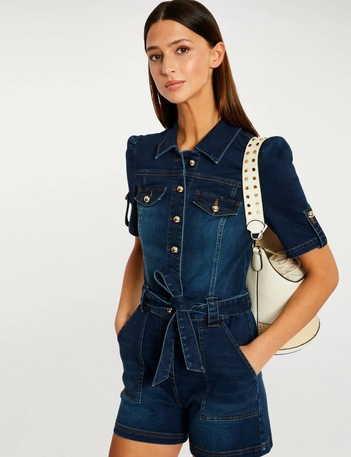 Combinaisons>Morgan Combishort Boutonnee A Ceinture Jean Brut Femme | Jean_Brut