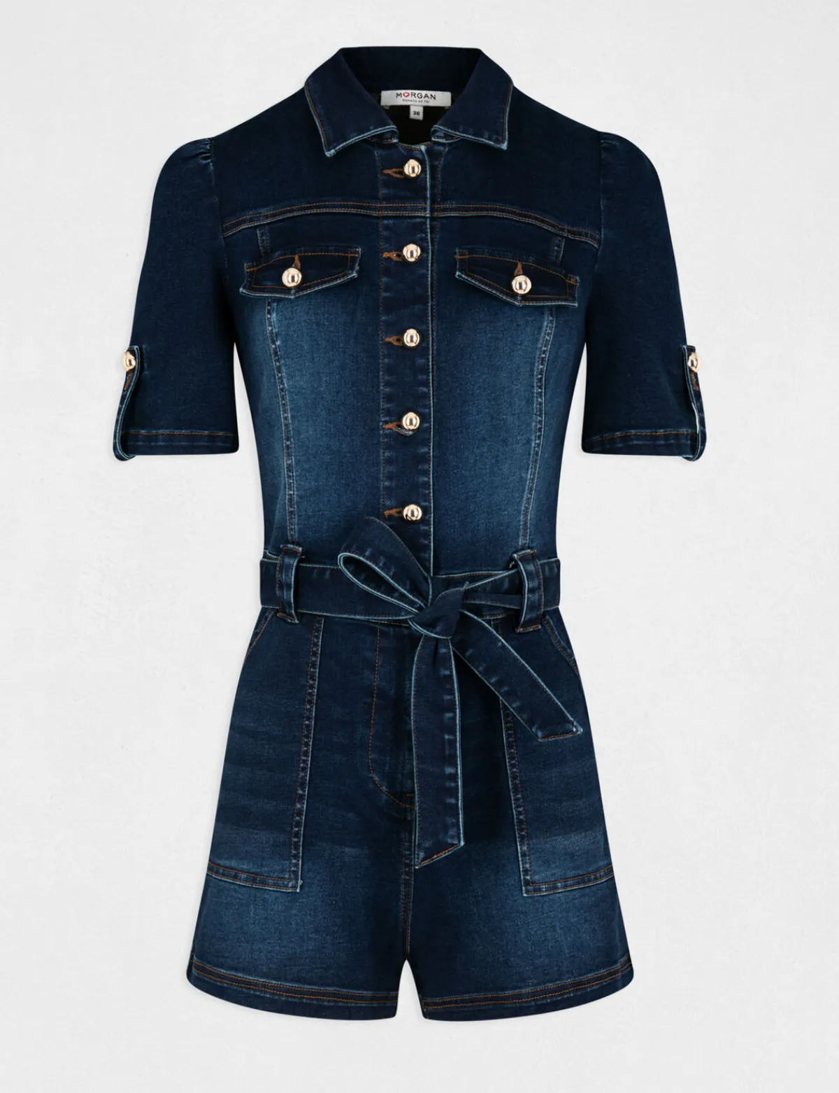 Combinaisons>Morgan Combishort Boutonnee A Ceinture Jean Brut Femme | Jean_Brut