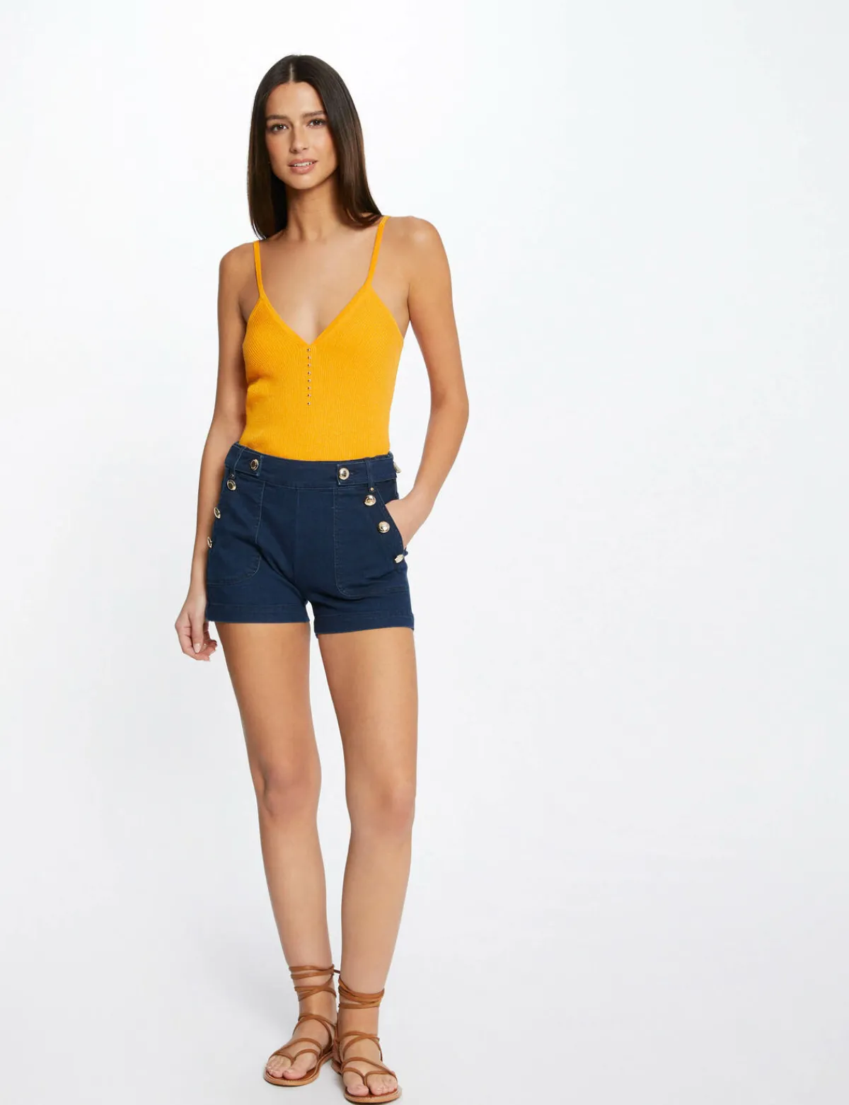 Tops Et T-Shirts>Morgan Debardeur Pull Col En V Avec Perles Femme | Orange