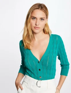 Gilets>Morgan Gilet Manches 3/4 Boutonne Vert Moyen Femme | Vert_Moyen