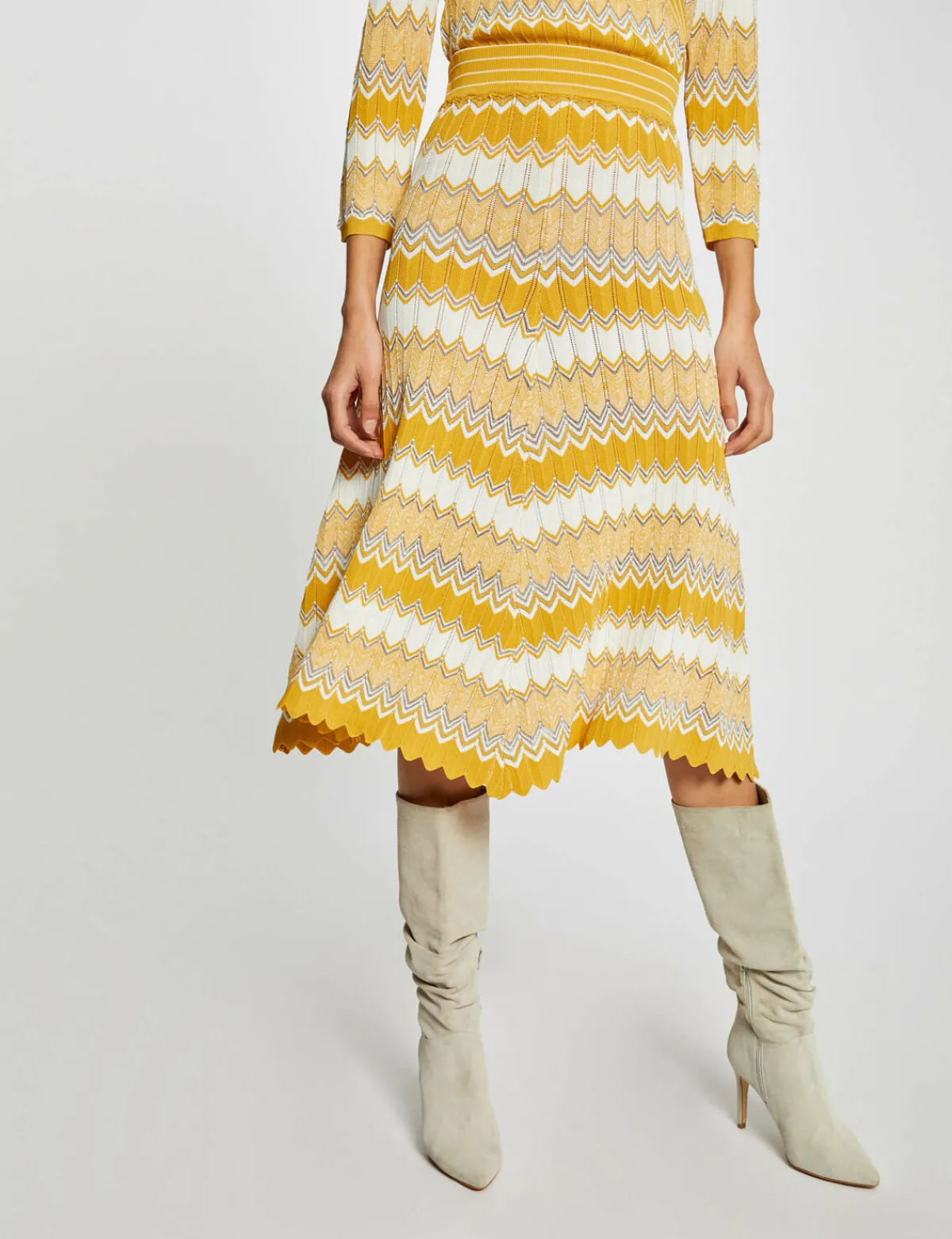 Jupes>Morgan Jupe Midi Droite Tricotee A Rayures Femme | Jaune