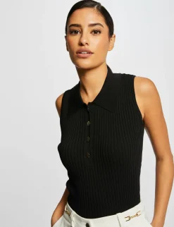 Tops Et T-Shirts>Morgan Pull Debardeur Sans Manches Col Polo Femme | Noir
