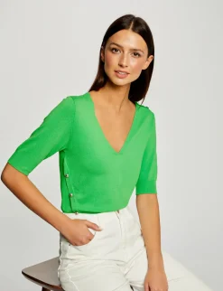 Pulls>Morgan Pull Manches 3/4 Avec Boutons Vert Clair Femme | Vert_Clair