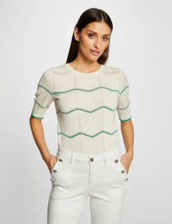 Pulls>Morgan Pull Manches Courtes A Rayures Vert Moyen Femme | Vert_Moyen