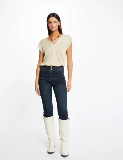 Pulls>Morgan Pull Manches Courtes Avec Perles Femme | Beige