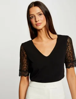Pulls>Morgan Pull Manches Courtes Avec Dentelle Femme | Noir