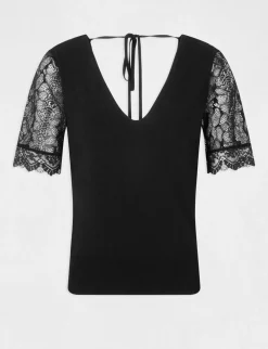 Pulls>Morgan Pull Manches Courtes Avec Dentelle Femme | Noir