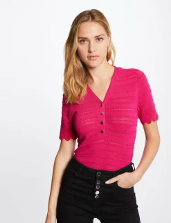 Pulls>Morgan Pull Manches Courtes Details Ajoures Rose Fonce Femme | Rose_Fonce