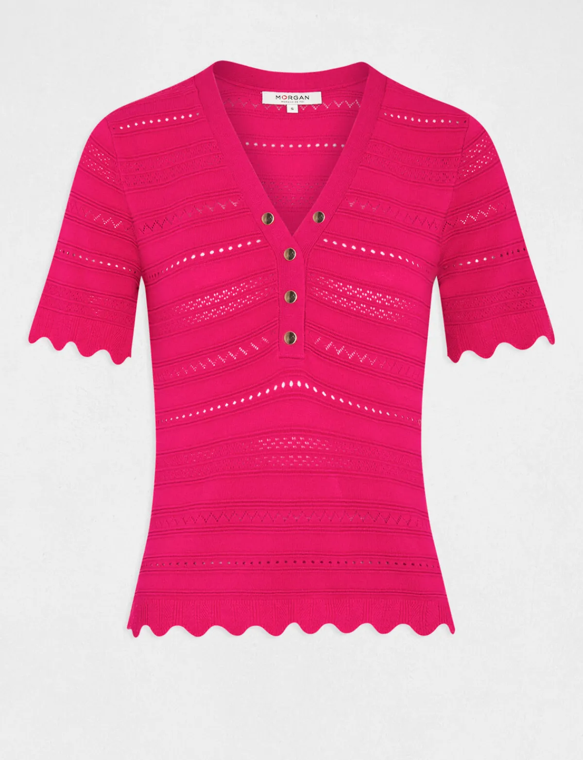 Pulls>Morgan Pull Manches Courtes Details Ajoures Rose Fonce Femme | Rose_Fonce