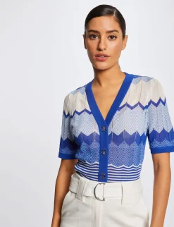 Pulls>Morgan Pull Manches Courtes Imprime Chevron Bleu Moyen Femme | Bleu_Moyen