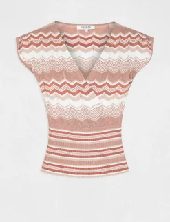 Pulls>Morgan Pull Manches Courtes Imprime Chevron Vieux Rose Femme | Vieux_Rose