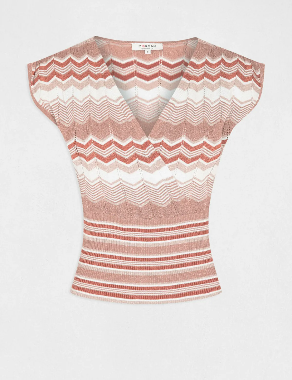 Pulls>Morgan Pull Manches Courtes Imprime Chevron Vieux Rose Femme | Vieux_Rose