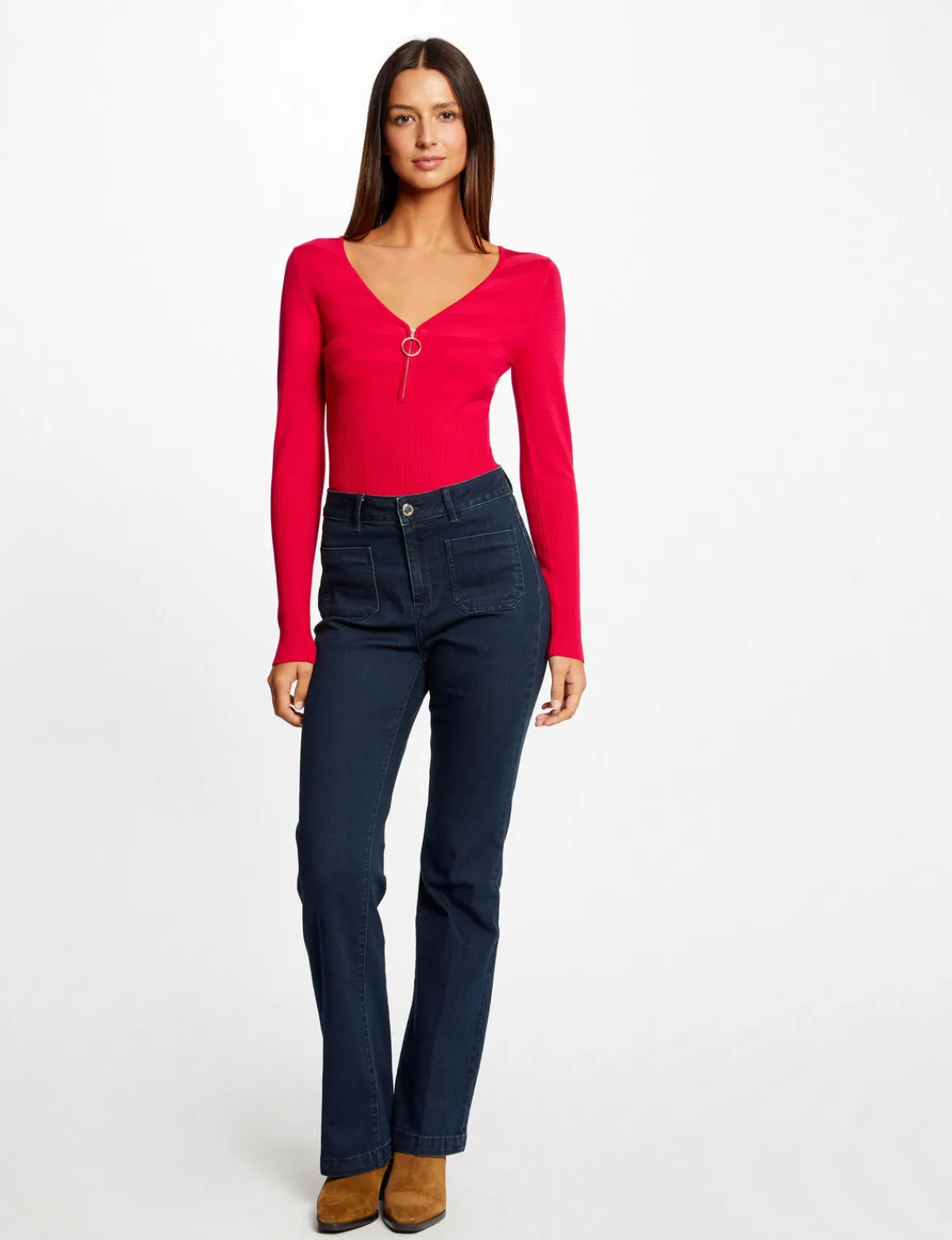Pulls>Morgan Pull Manches Longues A Detail Zippe Rose Moyen Femme | Rose_Moyen