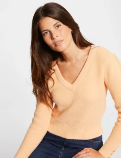 Pulls>Morgan Pull Manches Longues Avec Col En V Orange Clair Femme | Orange_Clair
