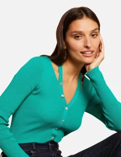 Pulls>Morgan Pull Manches Longues Avec Boutons Vert Moyen Femme | Vert_Moyen
