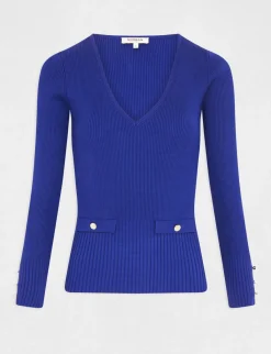 Pulls>Morgan Pull Manches Longues Cotele A Col En V Bleu Moyen Femme | Bleu_Moyen