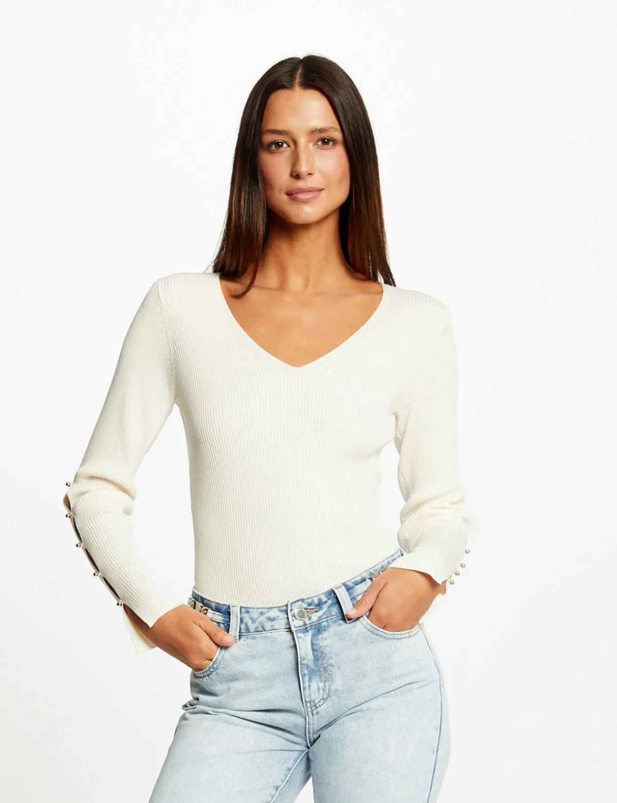 Pulls>Morgan Pull Manches Longues Fendues A Boutons Femme | Ivoire