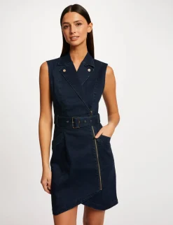 Robes>Morgan Robe Ajustee Drapee Sans Manches En Jean Jean Brut Femme | Jean_Brut