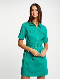 Robes>Morgan Robe Droite Manches Courtes Ceinturee Vert Moyen Femme | Vert_Moyen