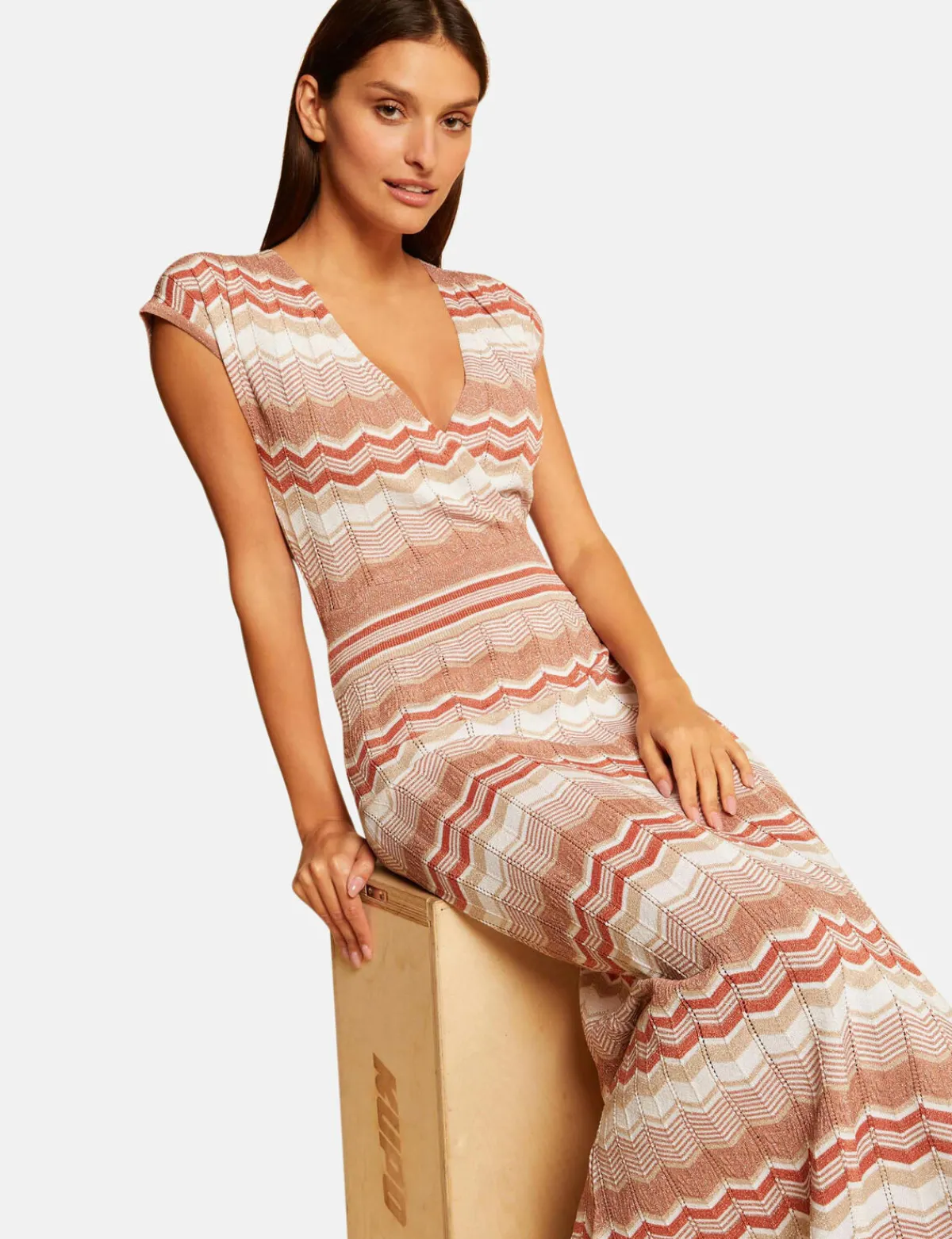 Robes>Morgan Robe Pull Longue Droite Imprime Chevron Vieux Rose Femme | Vieux_Rose