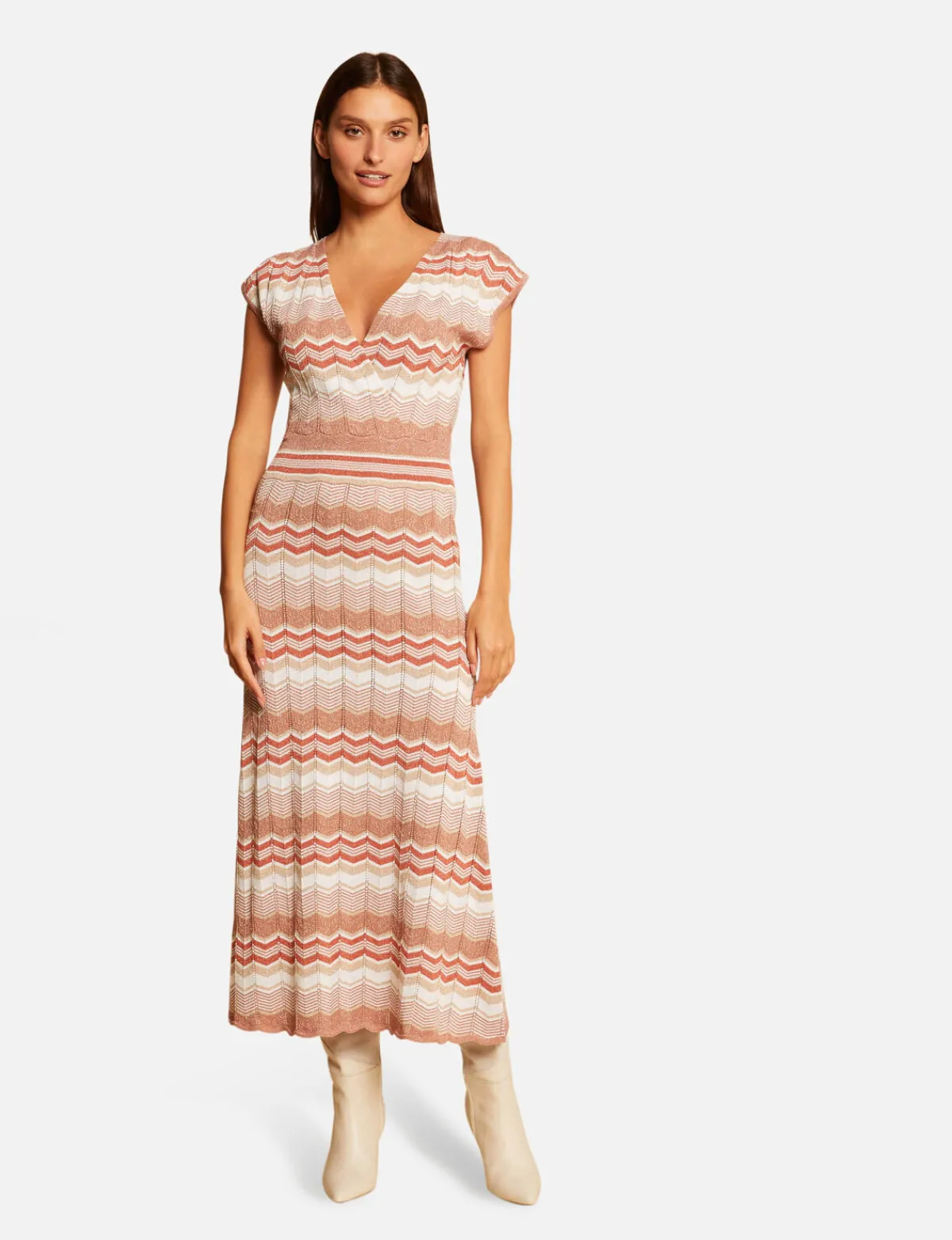 Robes>Morgan Robe Pull Longue Droite Imprime Chevron Vieux Rose Femme | Vieux_Rose