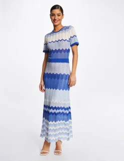 Robes>Morgan Robe Pull Longue Droite Imprime Chevron Bleu Moyen Femme | Bleu_Moyen