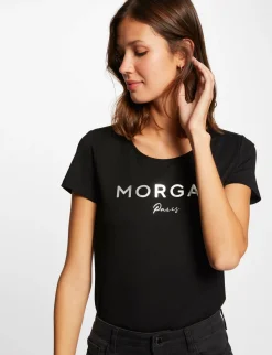 Tops Et T-Shirts>Morgan T-Shirt Manches Courtes A Inscription Femme | Noir