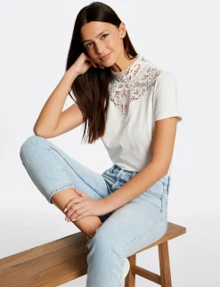Tops Et T-Shirts>Morgan T-Shirt Manches Courtes A Dentelle Femme | Ecru