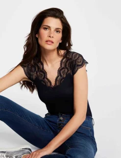 Tops Et T-Shirts>Morgan T-Shirt Manches Courtes A Dentelle Femme | Marine
