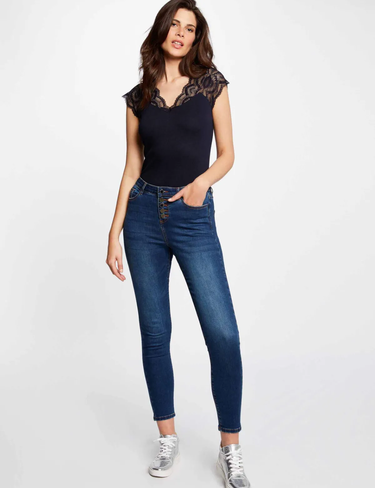 Tops Et T-Shirts>Morgan T-Shirt Manches Courtes A Dentelle Femme | Marine