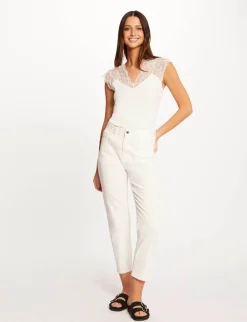 Tops Et T-Shirts>Morgan T-Shirt Manches Courtes A Dentelle Femme | Ecru