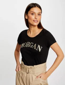 Tops Et T-Shirts>Morgan T-Shirt Manches Courtes A Inscription Femme | Noir