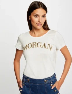 Tops Et T-Shirts>Morgan T-Shirt Manches Courtes A Inscription Femme | Ecru