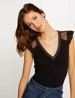 Tops Et T-Shirts>Morgan T-Shirt Manches Courtes A Plumetis Femme | Noir