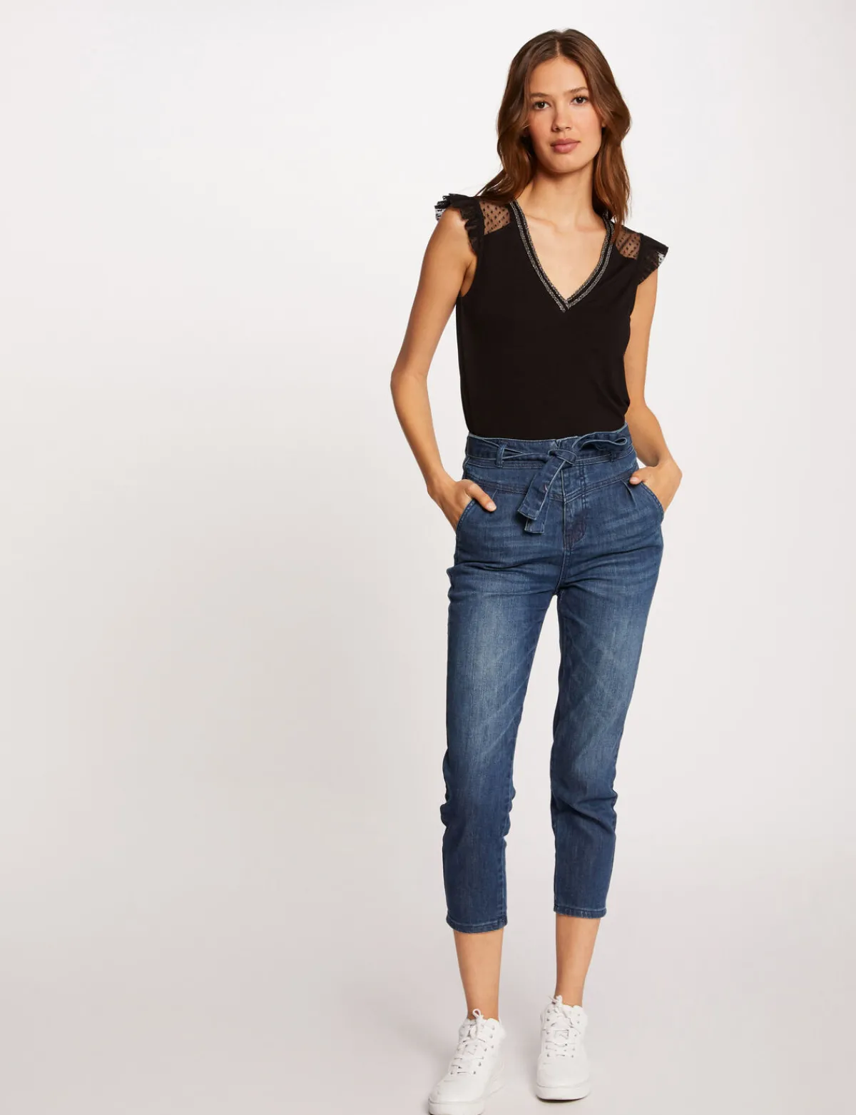 Tops Et T-Shirts>Morgan T-Shirt Manches Courtes A Plumetis Femme | Noir