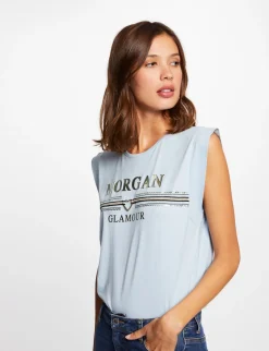 Tops Et T-Shirts>Morgan T-Shirt Manches Courtes A Inscription Femme | Ciel