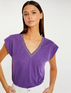 Tops Et T-Shirts>Morgan T-Shirt Manches Courtes A Col En V Violet Fonce Femme | Violet_Fonce