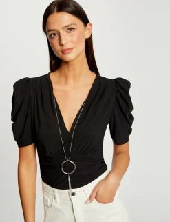 Tops Et T-Shirts>Morgan T-Shirt Manches Courtes A Detail Bijou Femme | Noir