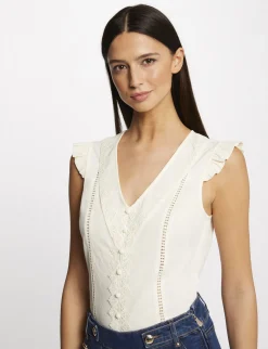 Tops Et T-Shirts>Morgan T-Shirt Manches Courtes A Dentelle Ecru Moyen Femme | Ecru_Moyen