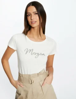 Tops Et T-Shirts>Morgan T-Shirt Manches Courtes A Inscription Femme | Ecru