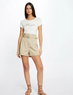 Tops Et T-Shirts>Morgan T-Shirt Manches Courtes A Inscription Femme | Ecru