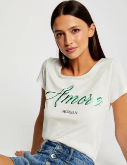 Tops Et T-Shirts>Morgan T-Shirt Manches Courtes A Inscription Femme | Ecru