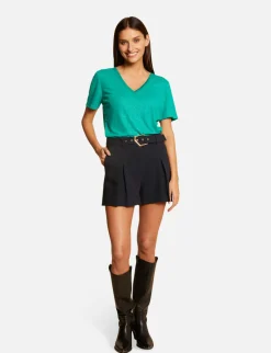Tops Et T-Shirts>Morgan T-Shirt Manches Courtes A Col En V Vert Moyen Femme | Vert_Moyen