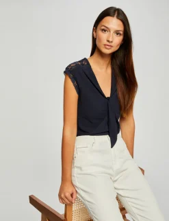 Tops Et T-Shirts>Morgan T-Shirt Manches Courtes Avec Noeud Femme | Marine