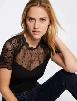 Tops Et T-Shirts>Morgan T-Shirt Manches Courtes Avec Dentelle Femme | Noir