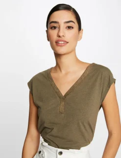 Tops Et T-Shirts>Morgan T-Shirt Manches Courtes Bande Encolure Vert Kaki Femme | Vert_Kaki