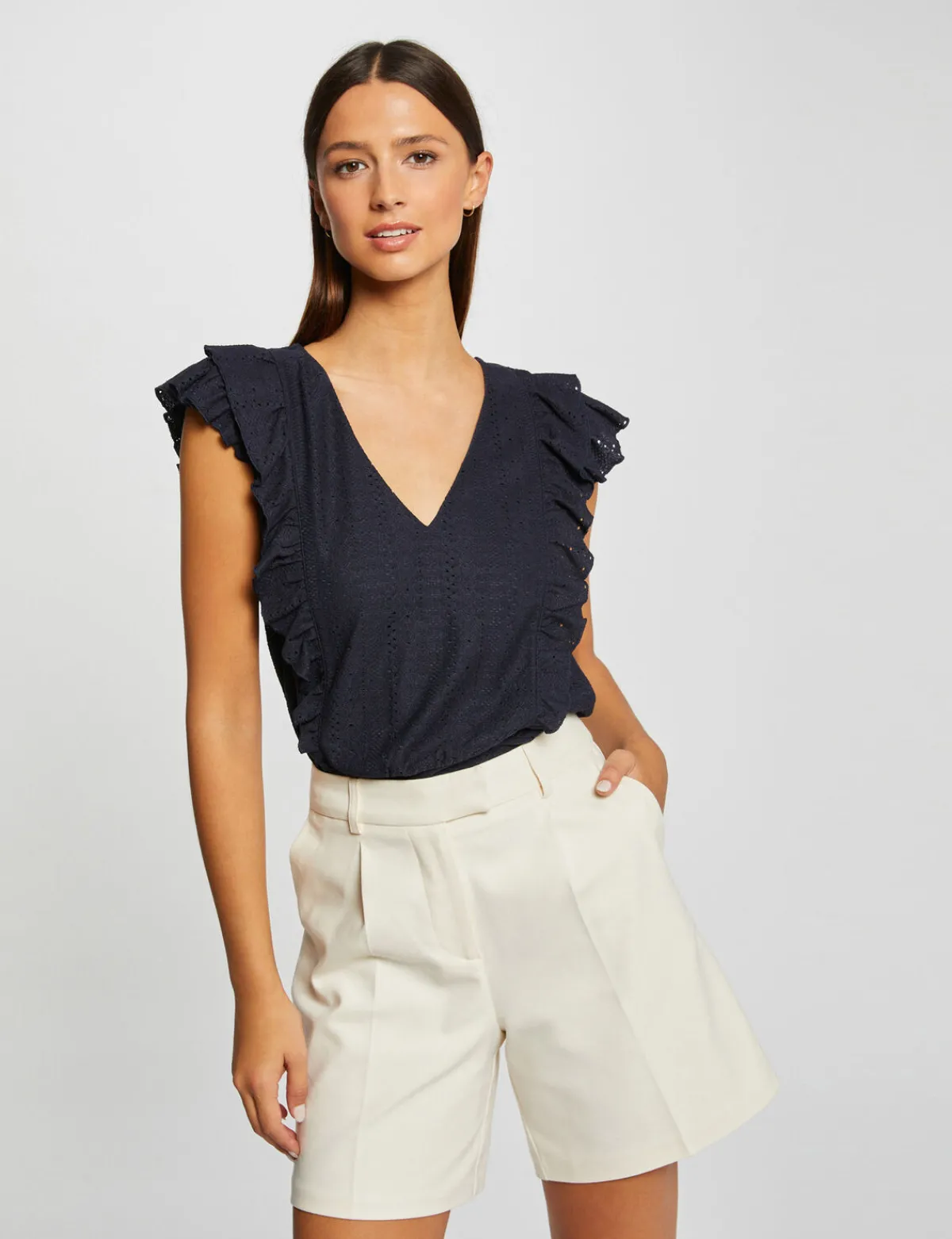 Tops Et T-Shirts>Morgan T-Shirt Manches Courtes Brode A Volants Femme | Marine